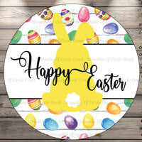 Happy Easter, Yellow, Bunny, Easter Eggs, Round, Light Weight, Metal Wreath Sign, No Holes