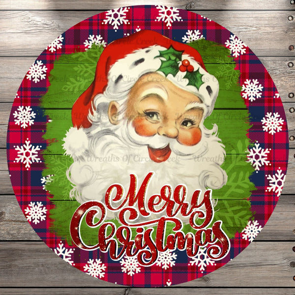 Wreath Sign, Classic Santa, Merry Christmas, Snowflakes, Round UV Coated, Metal Sign, No Holes, Red, Navy, White, Green, Gold, Black