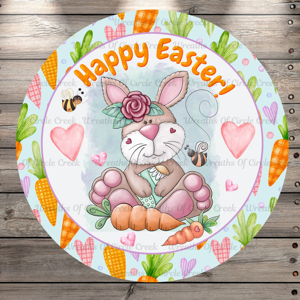 Happy Easter, Easter Bunny, Carrots, Hearts, Bees, Round, Light Weight Metal, Wreath Sign, No Holes