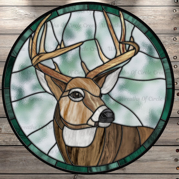 Buck, Stain Glass Print, Wilderness, Country, Round, Light Weight, Metal Wreath Sign, No Holes