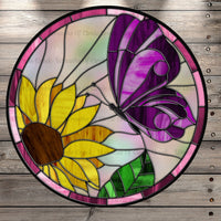 Butterfly and Sunflower, Stain Glass Print, Round, Light Weight, Metal Wreath Sign, No Holes