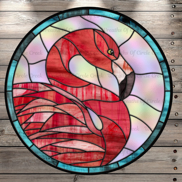 Flamingo, Stain Glass Print, Round, Light Weight, Metal Wreath Sign, No Holes