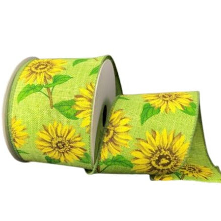 Sunflowers, Lime, Yellow, Brown, Green, Canvas, Wired Edges, 2.5" X 10 YD