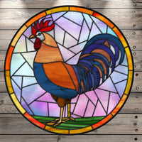 Rooster Stain Glass Print, Farm, Round, Light Weight, Metal Wreath Sign, No Holes