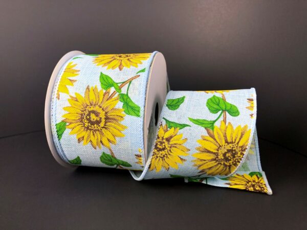 Sunflowers, Light Blue, Yellow, Brown, Green, Canvas, Wired Edges, 2.5" X 10 YD