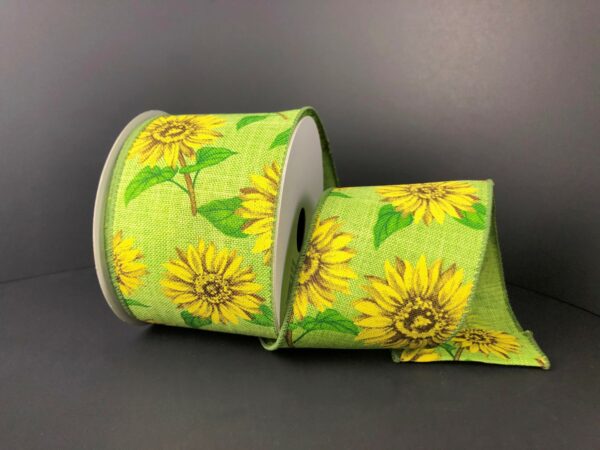 Sunflowers, Lime, Yellow, Brown, Green, Canvas, Wired Edges, 2.5" X 10 YD