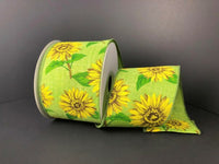 Sunflowers, Lime, Yellow, Brown, Green, Canvas, Wired Edges, 2.5" X 10 YD