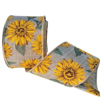 Sunflowers, Natural, Yellow, Brown, Green, Canvas, Wired Edges, 2.5" X 10 YD