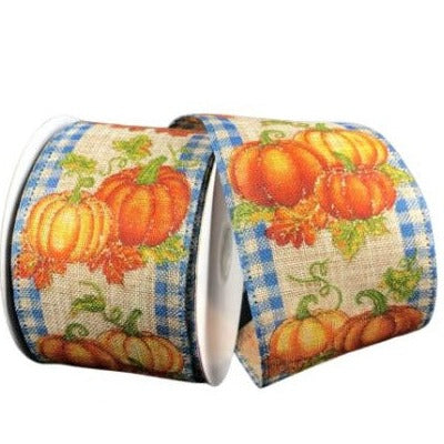 Pumpkins And Fall Leaves, Blue And Natural Gingham Edge, Gold Glitter, Canvas, Wired Edges, 2.5" X 10 YD