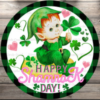 Happy Shamrock Day, St. Patrick's Leprechaun, Clovers, Plaid Border, Round, Metal Wreath Sign, No Holes