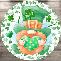 Lucky Leprechaun, Gnome, St. Patrick's Day, Clovers, Round, Metal Wreath Sign, No Holes