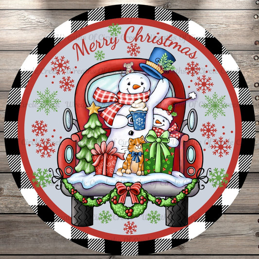 Snowman And Friends, Merry Christmas, Red Truck, Plaid Border, Round Metal, Wreath Sign, No Holes