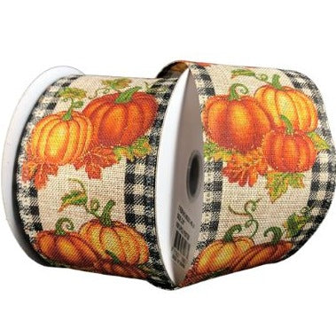 Pumpkins And Fall Leaves, Black And Natural Gingham Edge, Gold Glitter, Canvas, Wired Edges, 2.5" X 10 YD