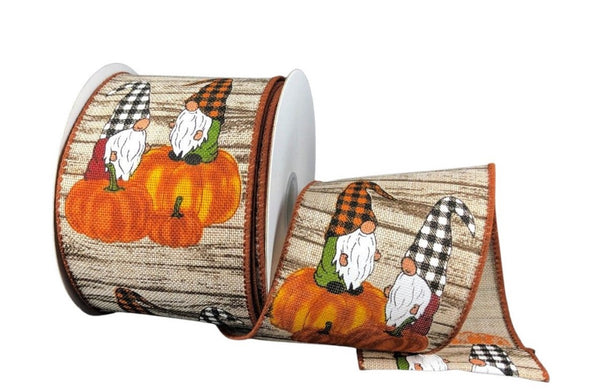 Fall Gnomes, Pumpkins, Wood Print, Ribbon, Wired Edges, Canvas, 2.5" X 10 Yards