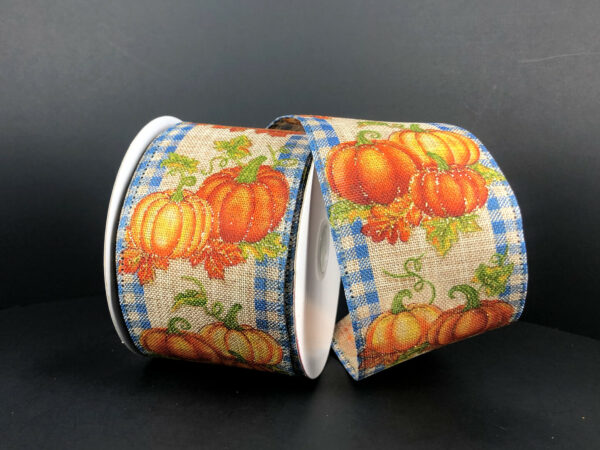 Pumpkins And Fall Leaves, Blue And Natural Gingham Edge, Gold Glitter, Canvas, Wired Edges, 2.5" X 10 YD