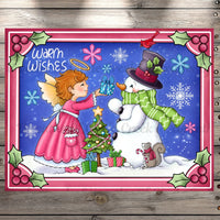 Christmas Angel And Snowman, Warm Wishes, Snowflakes, 7" x 9" Wreath Sign, Metal, Light Weight, No Holes