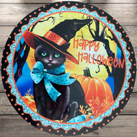 Halloween, Black Cat, Moon, Pumpkin,  Round UV Coated, Metal Sign, No Holes