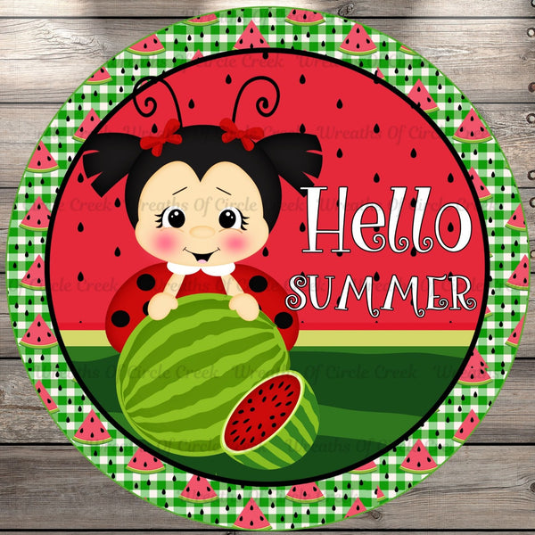 Ladybug, Watermelons, Hello Summer, Round, Light Weight Metal, Wreath Sign, No Holes