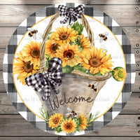 Welcome, Sunflower Basket, Bees, Plaid, Round, Light Weight Metal, Wreath Sign, No Holes