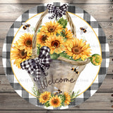 Welcome, Sunflower Basket, Bees, Plaid, Round, Light Weight Metal, Wreath Sign, No Holes