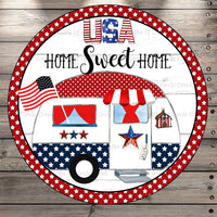 Camper, USA, Home Sweet Home, Round, Light Weight, Metal Wreath, Sign, No Holes