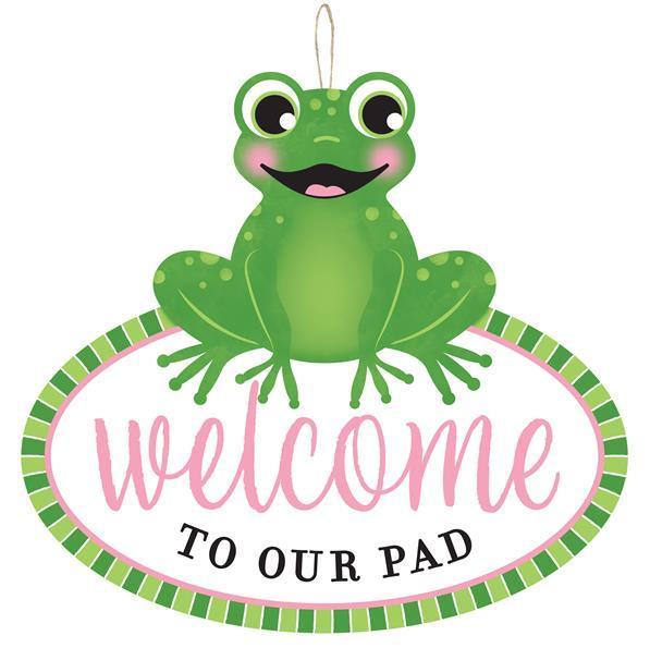 Frog Sign, Welcome To Our Pad, MDF, 12" L X 11" H, Green, Pink, White, AP7106