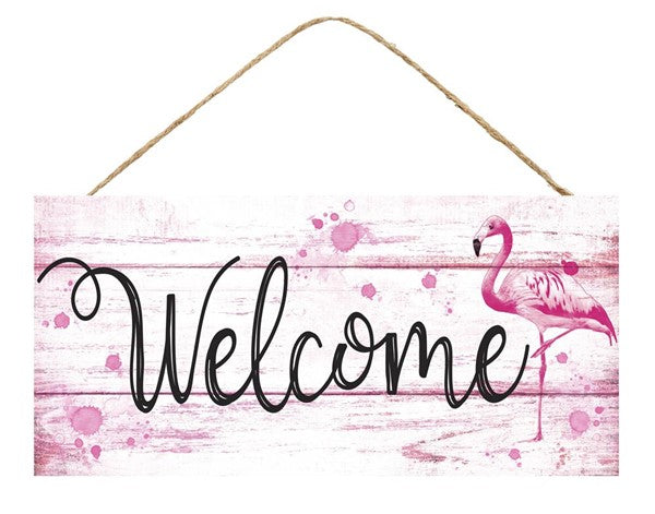 Welcome Flamingo, MDF Sign, Pink, White, Black, 12.5" X 6" AP8229