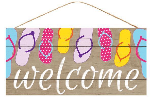 Welcome With Flip Flops, MDF Sign, 12.5" L X 6" H, Natural, White, Multi, AP8358