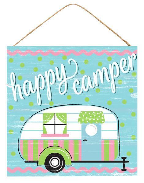Happy Camper, MDF Sign, 10" SQ, Blue, White, Green, Pink, Black, AP8599