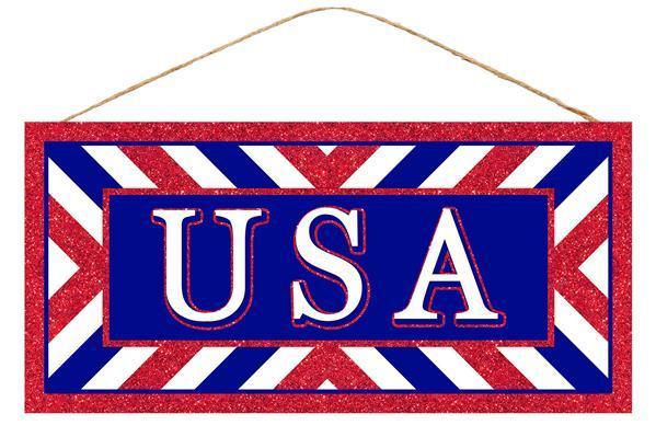USA Sign With Glitter, MDF Sign, 12.5" L X 6" H, Red, White, Blue, AP8807
