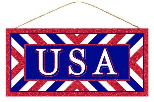 USA Sign With Glitter, MDF Sign, 12.5" L X 6" H, Red, White, Blue, AP8807
