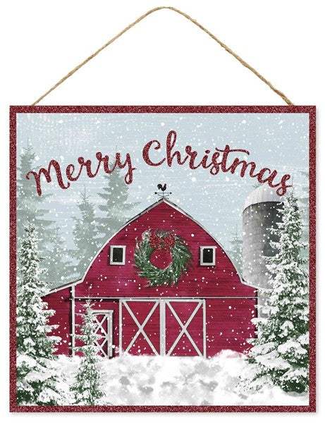 Barn Glitter Sign, Merry Christmas, 10" SQ., White, Dark Red, Green, AP8825