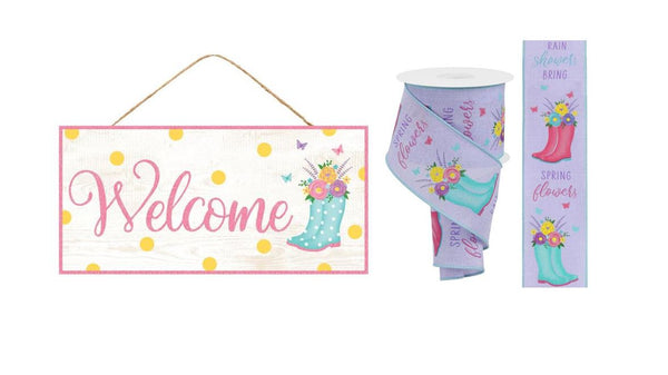 Welcome Glitter Boots, MDF Sign, and Wired Ribbon Set, AP8911, RGC143713