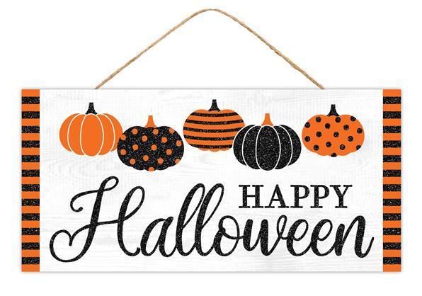 Happy Halloween, MDF Sign, 12.5" L X 6" H, Pattern Pumpkins, Black, White, Orange, Glitter, AP8957