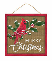 Merry Christmas With Cardinal, Iridescent Glitter, MDF Sign, 10" SQ., Tan, Red, Green, White, AP8999
