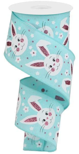 Bunny Face Ribbon, Ice Blue, Light Pink, White, Black, Glitter on Royal, Wired, 2.5" X 10 YD, RGA1540H1