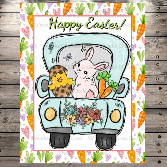 Happy Easter, Bunny & Chick, Farm Truck, Floral, Carrots, Hearts, Light Weight, Wreath Sign, Metal, No Holes