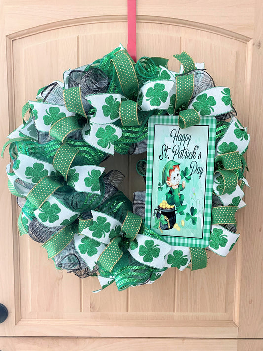 Happy St. Patrick's Day, Wreath, Deco Mesh, Wired Ribbons, Shamrocks, Leprechaun, Plaid, Green, Gold, Black, White, Large