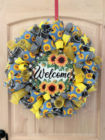 Welcome Sunflower Wreath, Plaid, Faux Jute, Poly Deco, Mesh, Wired Ribbons, Large Size, Yellow, Orange, Brown, Green, Black, White