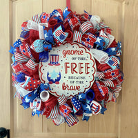 Fourth of July Gnome Wreath, Gnome Of The Free Because Of The Brave, Red, White, Blue, Glitter, Deco Mesh and Wired Ribbons, Large