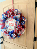 Fourth of July Gnome Wreath, Gnome Of The Free Because Of The Brave, Red, White, Blue, Glitter, Deco Mesh and Wired Ribbons, Large