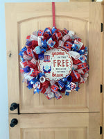 Fourth of July Gnome Wreath, Gnome Of The Free Because Of The Brave, Red, White, Blue, Glitter, Deco Mesh and Wired Ribbons, Large