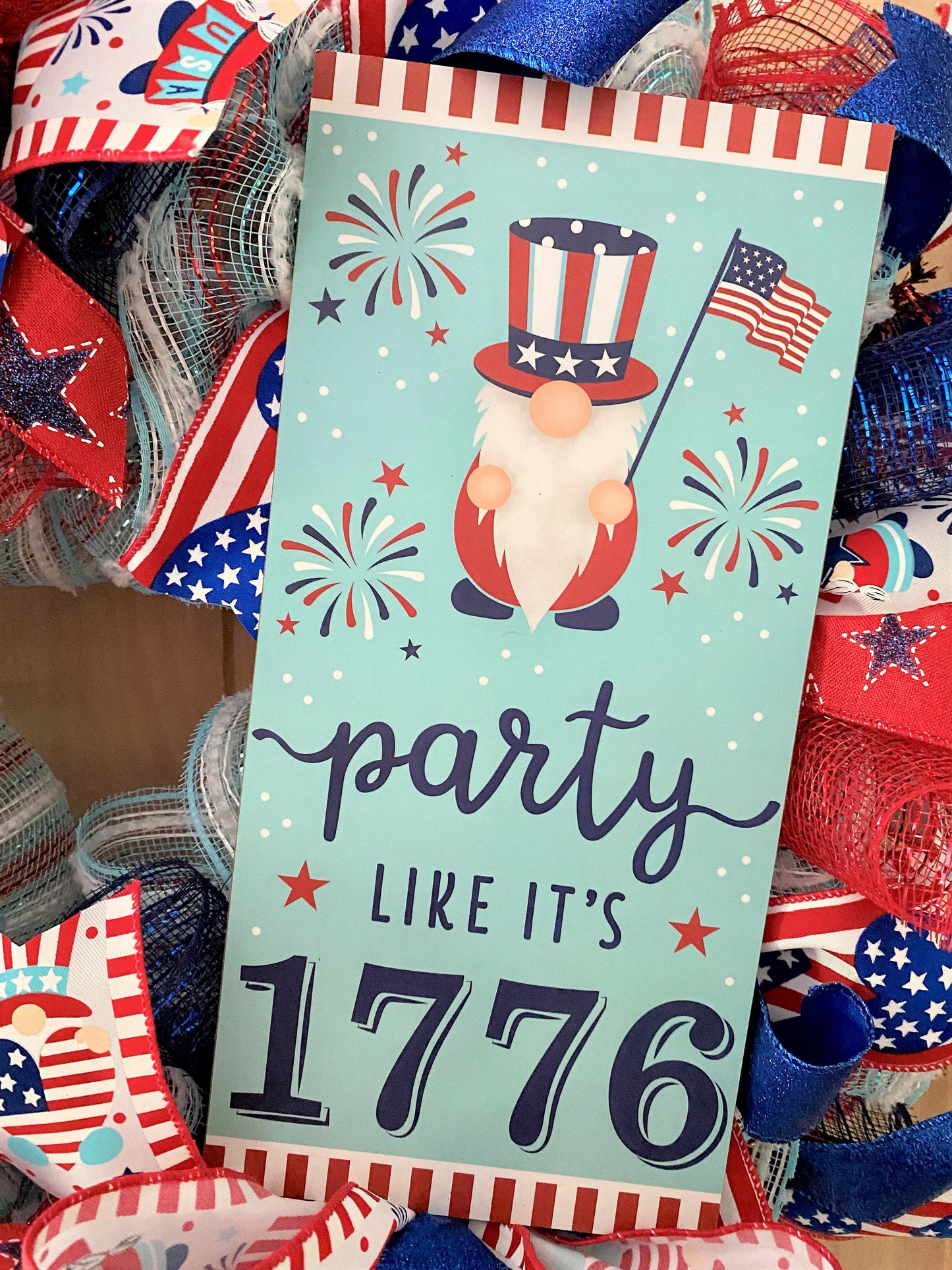 Fourth of July Gnome, Wreath, Party Like It's 1776, Red, White, Blue, Glitter, Deco Mesh and Wired Ribbons, Large Size