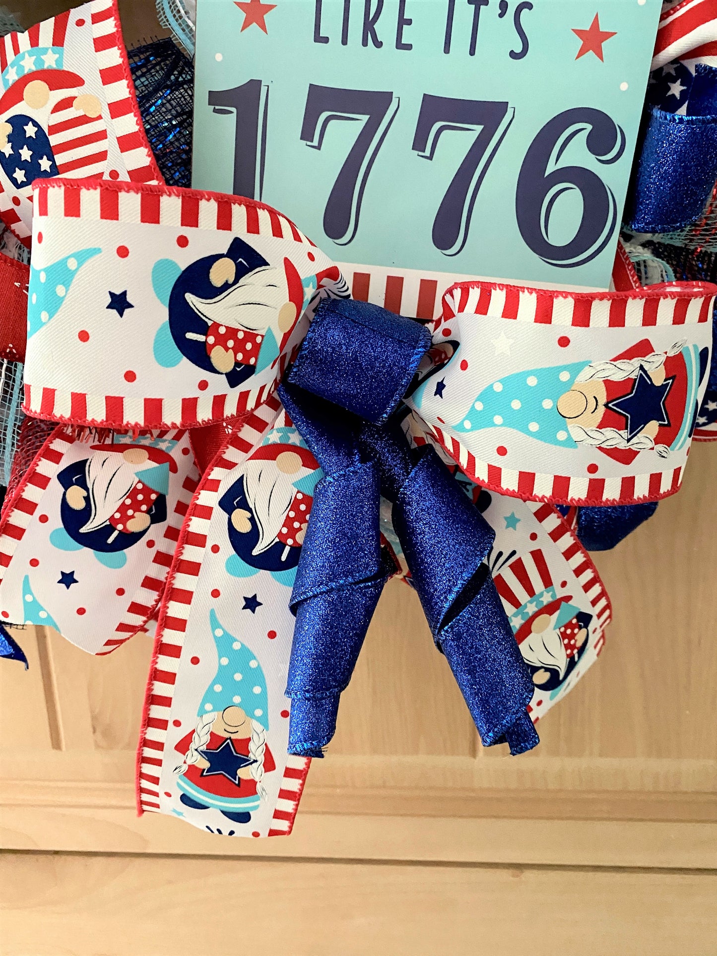 Fourth of July Gnome, Wreath, Party Like It's 1776, Red, White, Blue, Glitter, Deco Mesh and Wired Ribbons, Large Size