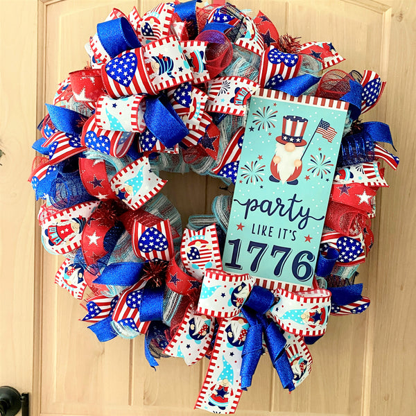 Fourth of July Gnome, Wreath, Party Like It's 1776, Red, White, Blue, Glitter, Deco Mesh and Wired Ribbons, Large Size