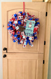 Fourth of July Gnome, Wreath, Party Like It's 1776, Red, White, Blue, Glitter, Deco Mesh and Wired Ribbons, Large Size