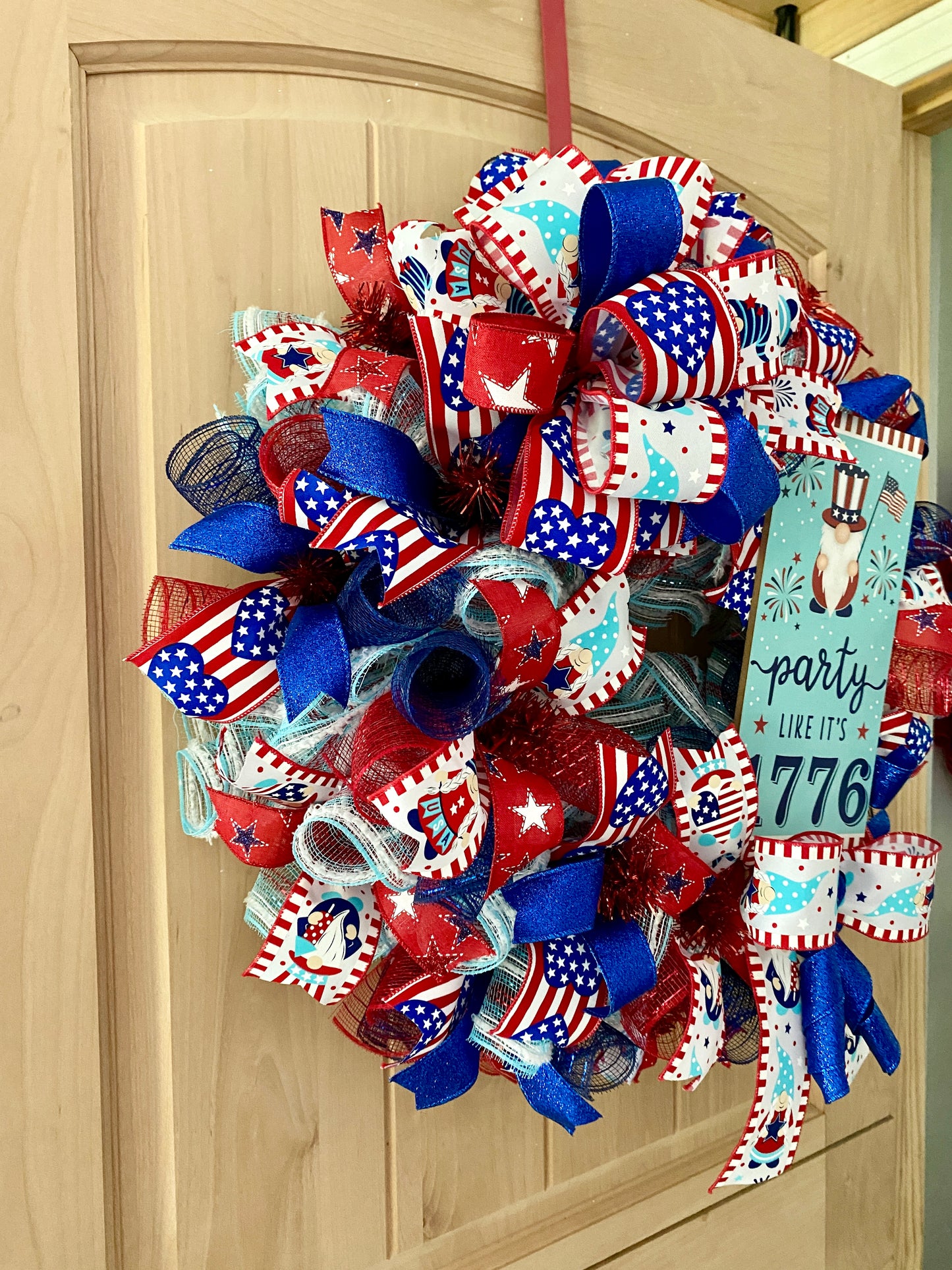 Fourth of July Gnome, Wreath, Party Like It's 1776, Red, White, Blue, Glitter, Deco Mesh and Wired Ribbons, Large Size