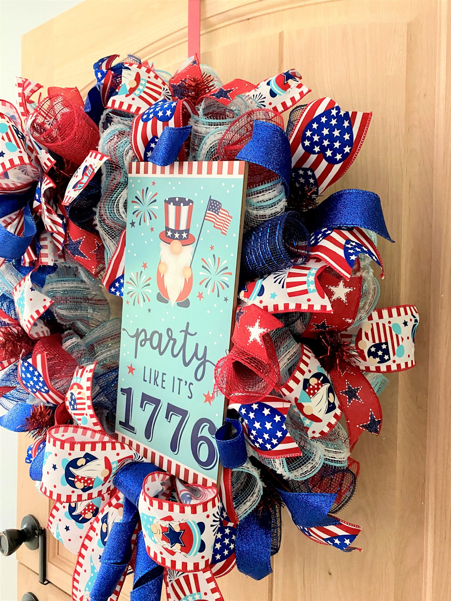 Fourth of July Gnome, Wreath, Party Like It's 1776, Red, White, Blue, Glitter, Deco Mesh and Wired Ribbons, Large Size