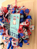 Fourth of July Gnome, Wreath, Party Like It's 1776, Red, White, Blue, Glitter, Deco Mesh and Wired Ribbons, Large Size