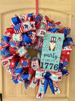 Fourth of July Gnome, Wreath, Party Like It's 1776, Red, White, Blue, Glitter, Deco Mesh and Wired Ribbons, Large Size